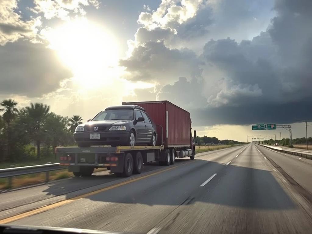 Car transport truck navigating through Texas weather conditions Car transport truck navigating through Texas weather conditions