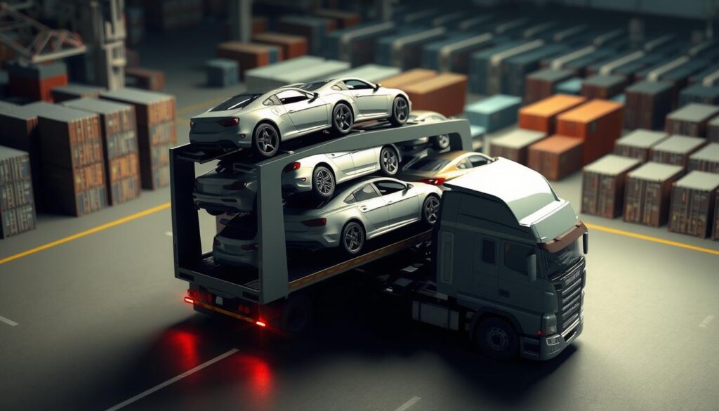 Detailed car shipping cost factors in a realistic, well-lit 3D scene. The foreground shows a large car carrier truck loaded with various vehicle models, surrounded by a shipping dock environment. The middle ground features stacks of cargo containers and warehouses in the background. Subtle light and shadows create depth and emphasize the scale of the scene. Careful attention to textures, materials, and technical details to convey a sense of authenticity. The overall mood is informative and professional, suitable for illustrating the key factors influencing car shipping costs.