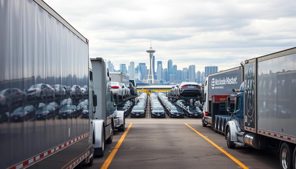 High-resolution, detailed image of a fleet of auto transport trucks and car carriers in a busy Seattle transportation hub, showcasing the efficiency and scale of Seattle's auto transport services. The foreground features several large, state-of-the-art car carriers and tow trucks, their metallic exteriors gleaming under the bright, overcast Pacific Northwest sky. In the middle ground, rows of vehicles waiting to be loaded onto the carriers, while in the background, the iconic Seattle skyline and the Puget Sound waterfront provide a recognizable urban backdrop. The scene conveys a sense of professionalism, reliability, and the comprehensive nature of Seattle's comprehensive auto transport infrastructure. High-resolution, detailed image of a fleet of auto transport trucks and car carriers in a busy Seattle transportation hub, showcasing the efficiency and scale of Seattle's auto transport services. The foreground features several large, state-of-the-art car carriers and tow trucks, their metallic exteriors gleaming under the bright, overcast Pacific Northwest sky. In the middle ground, rows of vehicles waiting to be loaded onto the carriers, while in the background, the iconic Seattle skyline and the Puget Sound waterfront provide a recognizable urban backdrop. The scene conveys a sense of professionalism, reliability, and the comprehensive nature of Seattle's comprehensive auto transport infrastructure.