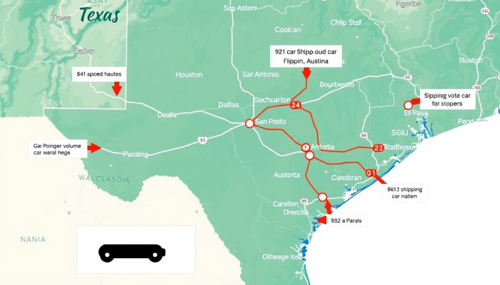 Map of Texas showing popular car shipping routes between major cities Map of Texas showing popular car shipping routes between major cities