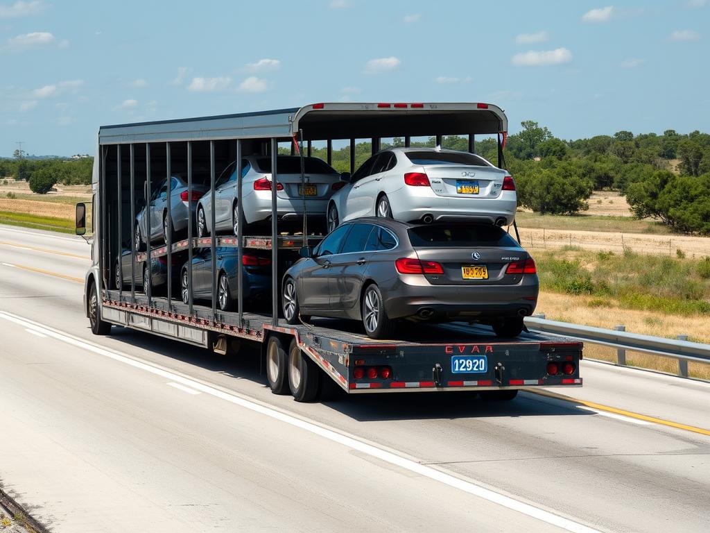 Open car transport carrier loaded with vehicles on a Texas highway Open car transport carrier loaded with vehicles on a Texas highway