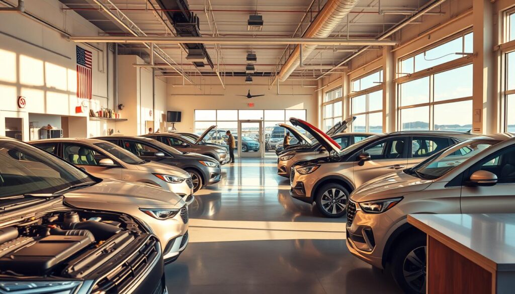 Pensacola Car Service: Sleek, modern auto workshop nestled in a vibrant coastal town. Sunlit showroom showcases gleaming vehicles, while skilled technicians work diligently in the background. Detailed engine bays, pristine tools, and a welcoming reception area create an atmosphere of professionalism and care. Warm, earthy tones complement the dynamic coastal setting, conveying a sense of reliable, trustworthy service. Capture the essence of a reputable, customer-focused automotive facility that embodies the benefits of using professional auto transport services in Pensacola, Florida. Pensacola Car Service: Sleek, modern auto workshop nestled in a vibrant coastal town. Sunlit showroom showcases gleaming vehicles, while skilled technicians work diligently in the background. Detailed engine bays, pristine tools, and a welcoming reception area create an atmosphere of professionalism and care. Warm, earthy tones complement the dynamic coastal setting, conveying a sense of reliable, trustworthy service. Capture the essence of a reputable, customer-focused automotive facility that embodies the benefits of using professional auto transport services in Pensacola, Florida.