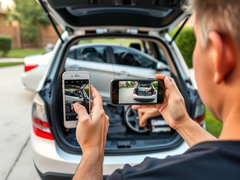 Person preparing a car for shipping by taking photos and removing personal items