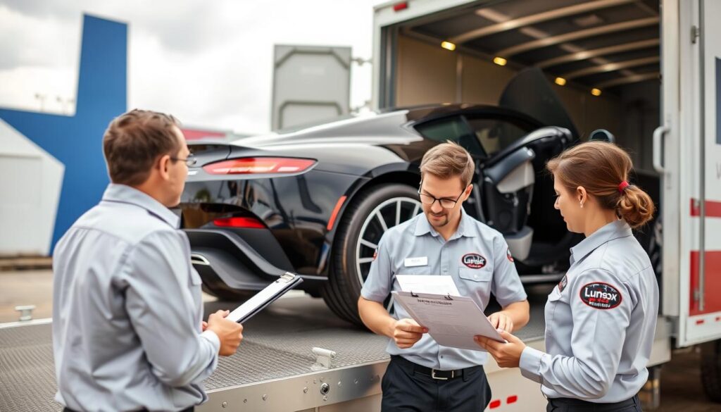 Professional car shipping team loading a vehicle onto a transport truck in Texas Professional car shipping team loading a vehicle onto a transport truck in Texas