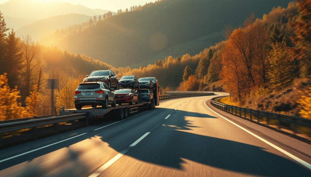 a well-lit, photo-realistic, wide-angle view of a car transport trailer carrying multiple vehicles, traveling along a winding, tree-lined highway through the rolling hills of the Appalachian region, with the sun casting warm, golden light across the scene and creating long shadows from the cars and trailer, conveying a sense of movement and the journey from Pennsylvania to Georgia a well-lit, photo-realistic, wide-angle view of a car transport trailer carrying multiple vehicles, traveling along a winding, tree-lined highway through the rolling hills of the Appalachian region, with the sun casting warm, golden light across the scene and creating long shadows from the cars and trailer, conveying a sense of movement and the journey from Pennsylvania to Georgia