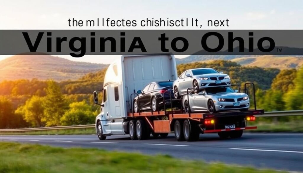 a white semi-truck with a car carrier trailer transporting several cars, driving on a highway through the scenic countryside of Virginia, with rolling hills, lush green trees, and a clear blue sky in the background; the truck's headlights are on, indicating a daytime or early evening setting; the image has a sense of motion and speed, conveying the efficient and reliable nature of professional auto transport services from Virginia to Ohio. a white semi-truck with a car carrier trailer transporting several cars, driving on a highway through the scenic countryside of Virginia, with rolling hills, lush green trees, and a clear blue sky in the background; the truck's headlights are on, indicating a daytime or early evening setting; the image has a sense of motion and speed, conveying the efficient and reliable nature of professional auto transport services from Virginia to Ohio.