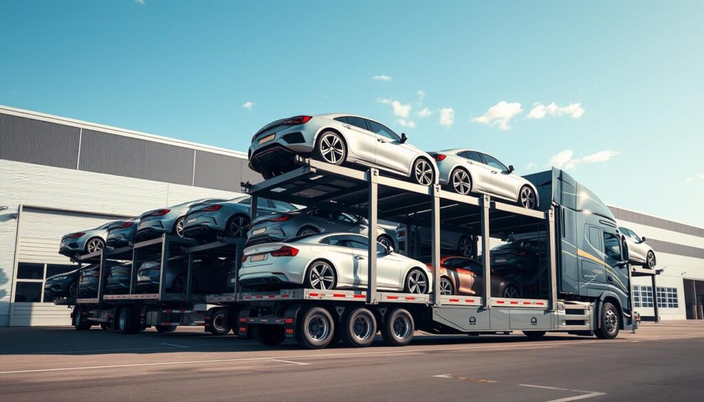 high-resolution, highly detailed, photorealistic image of a large auto transport truck carrying several cars on multiple tiers, parked in front of a modern warehouse with a branded logo, on a sunny day with a clear blue sky, shot from a low angle to emphasize the scale and power of the vehicle, with a focus on the seamless and secure loading process, conveying the professionalism and reliability of the auto transport service high-resolution, highly detailed, photorealistic image of a large auto transport truck carrying several cars on multiple tiers, parked in front of a modern warehouse with a branded logo, on a sunny day with a clear blue sky, shot from a low angle to emphasize the scale and power of the vehicle, with a focus on the seamless and secure loading process, conveying the professionalism and reliability of the auto transport service