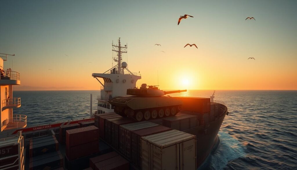 military vehicle shipping, a large cargo ship at sea transporting an armored military vehicle like a tank or armored personnel carrier, the vehicle secured on the deck of the ship, surrounded by shipping containers, the sun low on the horizon casting warm, golden light across the scene, the ocean gently lapping against the hull of the ship, a few seagulls flying overhead, the atmosphere conveying a sense of reliable and efficient military logistics
