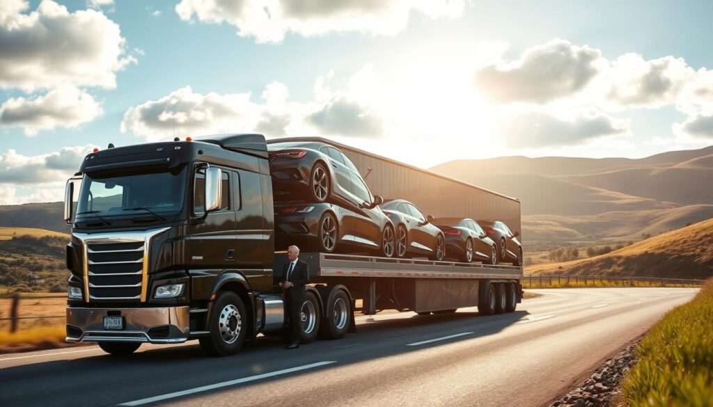 professional auto transport team driving a large semi-truck on a winding highway, the truck's trailer filled with multiple shiny, luxurious cars, the driver and his assistant wearing crisp uniforms, the truck's chrome accents gleaming in the warm afternoon sunlight, the road winding through rolling hills and lush greenery, the sky a brilliant blue with fluffy white clouds, a sense of efficiency and expertise conveyed through the team's focused expressions and the smooth operation of the vehicle professional auto transport team driving a large semi-truck on a winding highway, the truck's trailer filled with multiple shiny, luxurious cars, the driver and his assistant wearing crisp uniforms, the truck's chrome accents gleaming in the warm afternoon sunlight, the road winding through rolling hills and lush greenery, the sky a brilliant blue with fluffy white clouds, a sense of efficiency and expertise conveyed through the team's focused expressions and the smooth operation of the vehicle