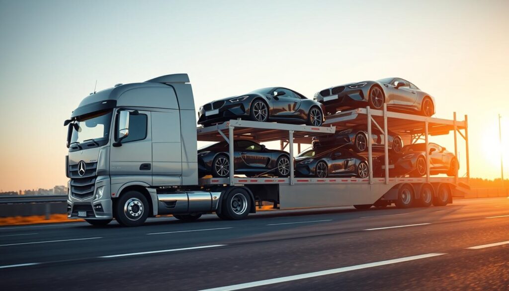 professional vehicle shipping, luxury car carrier on the highway, large semi-truck transporting high-end vehicles, modern auto transport trailer with multiple levels, well-lit scene with warm sunlight, low camera angle to emphasize the size and power of the rig, sleek black or silver cars neatly stacked and secured, attention to detail in the cargo and the truck's exterior, an air of reliability and professionalism conveyed through the pristine condition of the equipment professional vehicle shipping, luxury car carrier on the highway, large semi-truck transporting high-end vehicles, modern auto transport trailer with multiple levels, well-lit scene with warm sunlight, low camera angle to emphasize the size and power of the rig, sleek black or silver cars neatly stacked and secured, attention to detail in the cargo and the truck's exterior, an air of reliability and professionalism conveyed through the pristine condition of the equipment