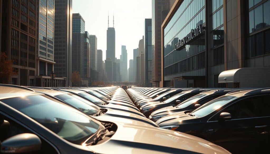 A bustling urban scene of a Chicago car shipping company. In the foreground, rows of shiny vehicles await transport, their glossy exteriors reflecting the warm afternoon sun. The middle ground features a modern, multi-story building with large glass windows, its signage proudly displaying the company's name. The background is filled with the iconic skyline of Chicago, the towering skyscrapers and landmarks casting long shadows across the scene. The atmosphere is one of efficiency and professionalism, with a subtle sense of the city's energy and vibrancy. The lighting is a balanced mixture of natural and artificial, creating a well-lit, inviting environment. The camera angle is slightly elevated, providing a comprehensive view of the facility and its surroundings. A bustling urban scene of a Chicago car shipping company. In the foreground, rows of shiny vehicles await transport, their glossy exteriors reflecting the warm afternoon sun. The middle ground features a modern, multi-story building with large glass windows, its signage proudly displaying the company's name. The background is filled with the iconic skyline of Chicago, the towering skyscrapers and landmarks casting long shadows across the scene. The atmosphere is one of efficiency and professionalism, with a subtle sense of the city's energy and vibrancy. The lighting is a balanced mixture of natural and artificial, creating a well-lit, inviting environment. The camera angle is slightly elevated, providing a comprehensive view of the facility and its surroundings.