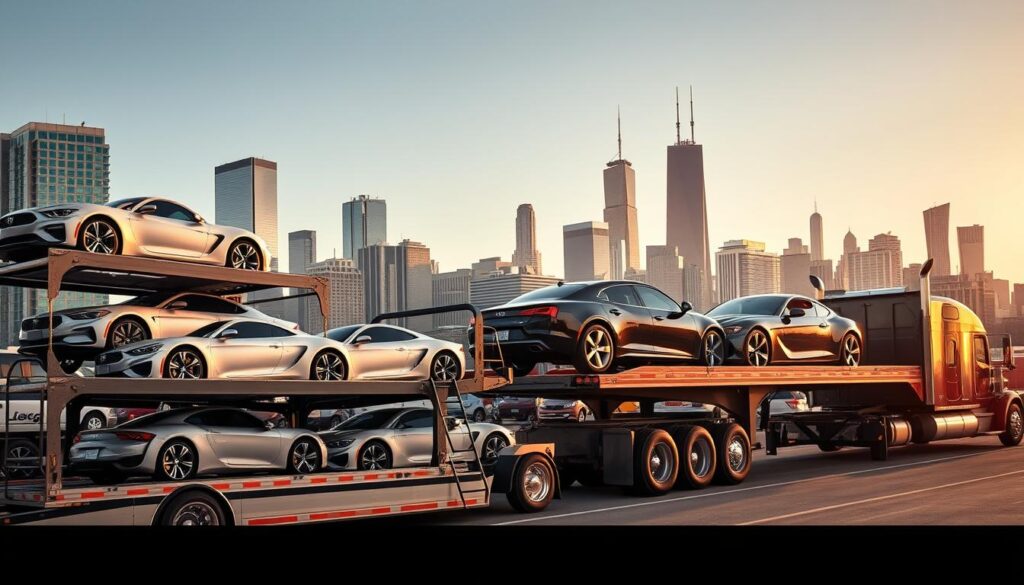 A fleet of diverse car transport trucks in a bustling Chicago cityscape. In the foreground, a sleek auto carrier with multiple levels meticulously loaded with a variety of shiny, premium vehicles. In the middle ground, a specialized flatbed truck carefully transporting a classic muscle car. In the background, the iconic Chicago skyline with towering skyscrapers and the reflected light of the Windy City. The scene is illuminated by warm, golden-hour lighting, creating a sense of professionalism and efficiency in the car transport services. The composition showcases the variety of options available for shipping vehicles to and from Chicago. A fleet of diverse car transport trucks in a bustling Chicago cityscape. In the foreground, a sleek auto carrier with multiple levels meticulously loaded with a variety of shiny, premium vehicles. In the middle ground, a specialized flatbed truck carefully transporting a classic muscle car. In the background, the iconic Chicago skyline with towering skyscrapers and the reflected light of the Windy City. The scene is illuminated by warm, golden-hour lighting, creating a sense of professionalism and efficiency in the car transport services. The composition showcases the variety of options available for shipping vehicles to and from Chicago.