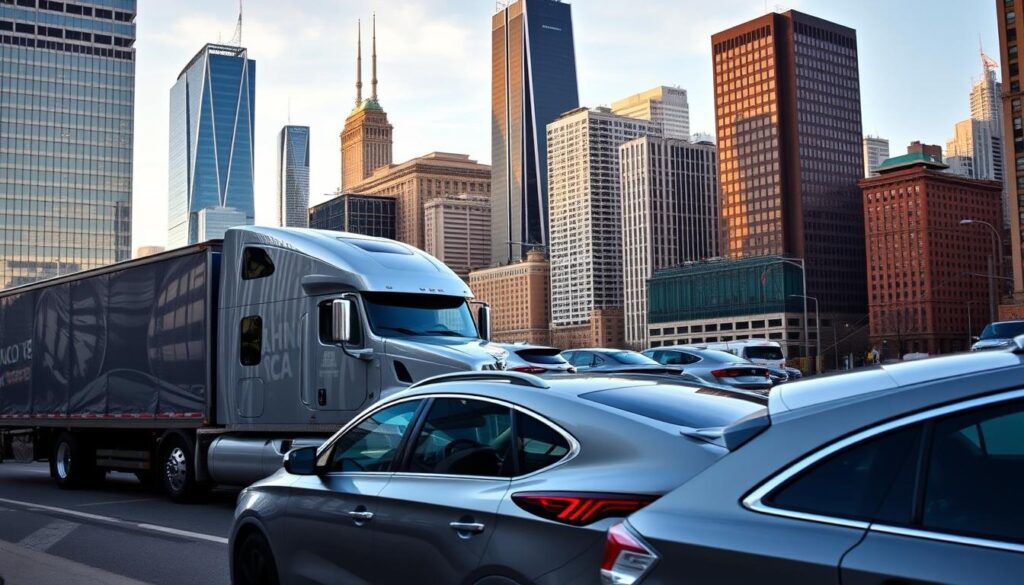 A modern, well-equipped car transport truck navigates the bustling streets of Chicago, its gleaming chrome and sleek design reflecting the city's dynamic energy. In the foreground, a row of neatly secured vehicles await their journey, while in the background, the iconic skyline of Chicago's towering skyscrapers and landmarks create a striking urban backdrop. The scene conveys the professionalism and efficiency of the car shipping service, showcasing the care and attention to detail that ensures the safe and reliable transport of vehicles to and from the Windy City. A modern, well-equipped car transport truck navigates the bustling streets of Chicago, its gleaming chrome and sleek design reflecting the city's dynamic energy. In the foreground, a row of neatly secured vehicles await their journey, while in the background, the iconic skyline of Chicago's towering skyscrapers and landmarks create a striking urban backdrop. The scene conveys the professionalism and efficiency of the car shipping service, showcasing the care and attention to detail that ensures the safe and reliable transport of vehicles to and from the Windy City.