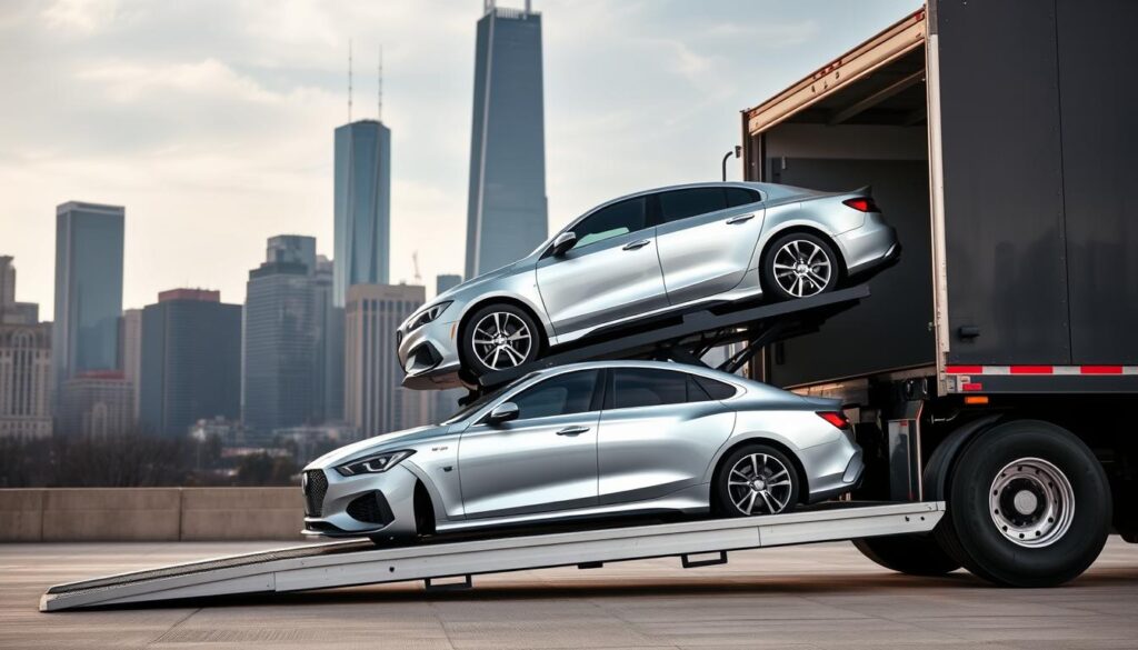 A sleek, silver car being loaded onto a large, heavy-duty car shipping truck against the backdrop of the Chicago skyline. The truck is positioned in the foreground, with its loading ramp extended and the car being carefully maneuvered onto the platform. The midground features the truck's imposing presence, with its massive wheels and sturdy frame. In the distant background, the iconic skyscrapers of Chicago's financial district rise up, casting long shadows that add depth and scale to the scene. The lighting is soft and diffused, creating a sense of calm and professionalism. The overall mood conveys the efficient and reliable nature of car shipping services to Chicago. A sleek, silver car being loaded onto a large, heavy-duty car shipping truck against the backdrop of the Chicago skyline. The truck is positioned in the foreground, with its loading ramp extended and the car being carefully maneuvered onto the platform. The midground features the truck's imposing presence, with its massive wheels and sturdy frame. In the distant background, the iconic skyscrapers of Chicago's financial district rise up, casting long shadows that add depth and scale to the scene. The lighting is soft and diffused, creating a sense of calm and professionalism. The overall mood conveys the efficient and reliable nature of car shipping services to Chicago.