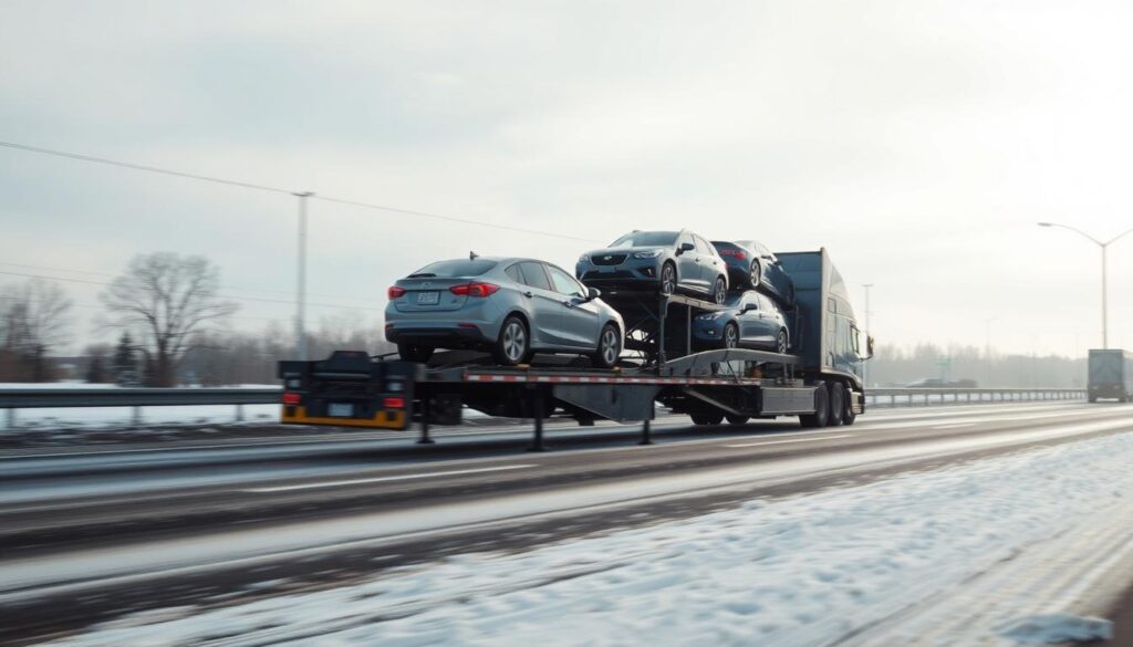 Auto transport truck navigating Ohio winter conditions Auto transport truck navigating Ohio winter conditions