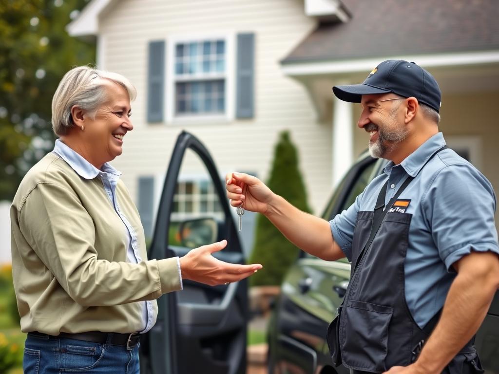 Best Car Shipping Inc driver delivering a vehicle directly to a customer's home in Maine Best Car Shipping Inc driver delivering a vehicle directly to a customer's home in Maine