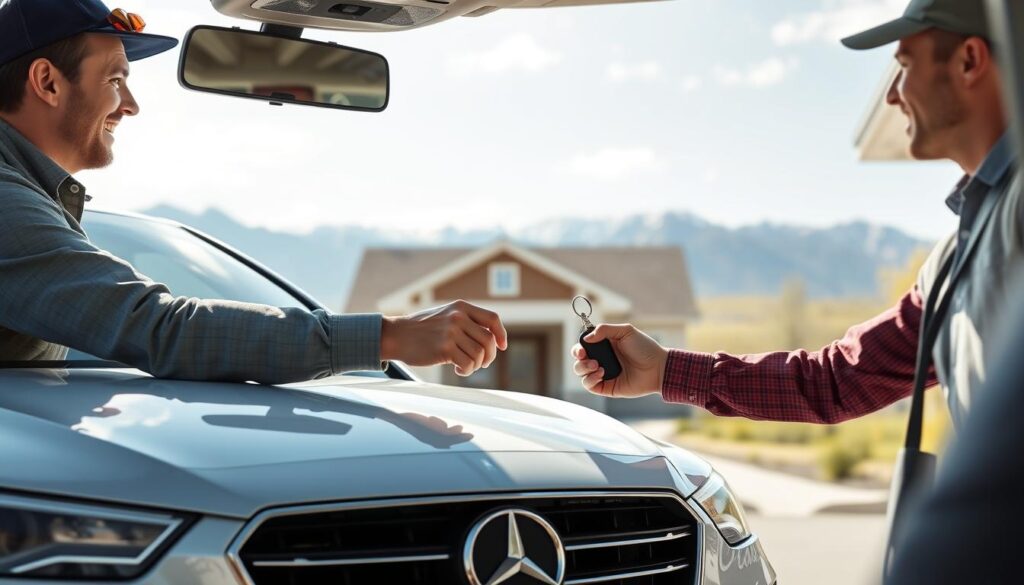 Best Car Shipping Inc transport truck delivering a vehicle to a happy customer in Idaho Best Car Shipping Inc transport truck delivering a vehicle to a happy customer in Idaho
