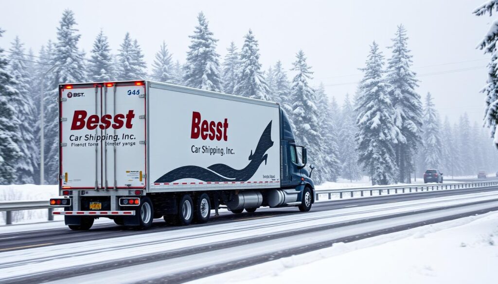 Best Car Shipping Inc transport truck navigating through snowy Maine winter conditions Best Car Shipping Inc transport truck navigating through snowy Maine winter conditions