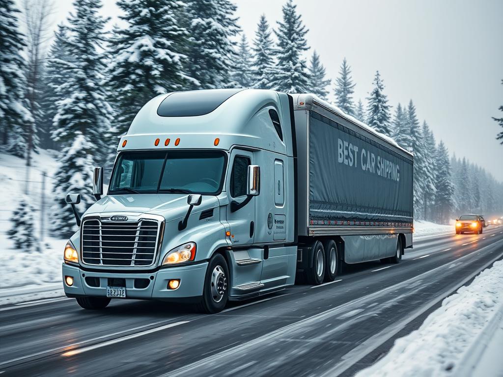 Best Car Shipping Inc truck navigating through snowy Maine roads Best Car Shipping Inc truck navigating through snowy Maine roads