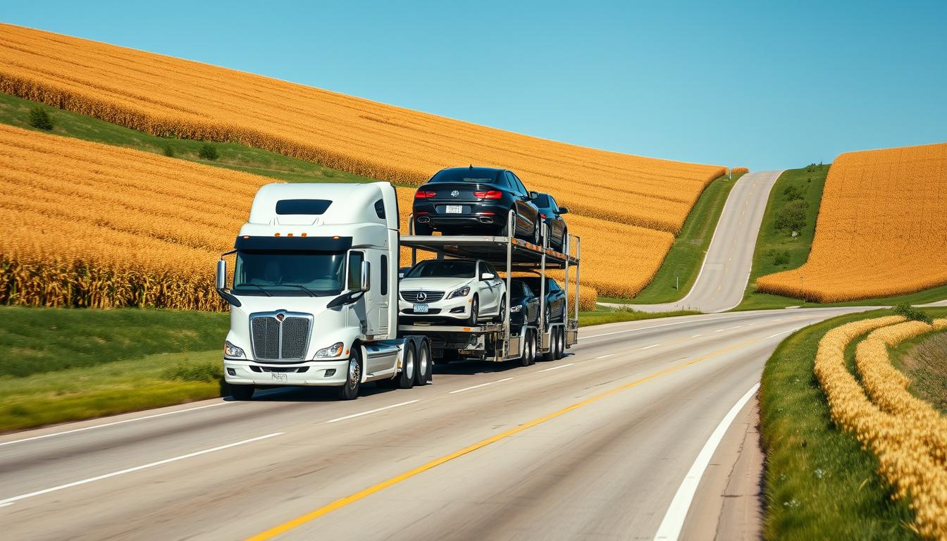 Best Car Shipping Inc truck transporting vehicles across Iowa's scenic highways