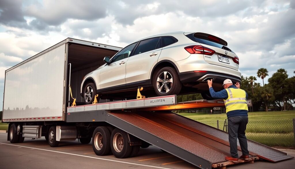 Car being loaded onto a transport truck in Louisiana Car being loaded onto a transport truck in Louisiana