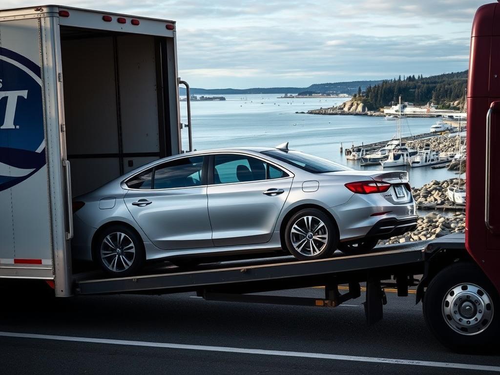 Car being loaded onto a transport truck near Portland's coastal area Car being loaded onto a transport truck near Portland's coastal area