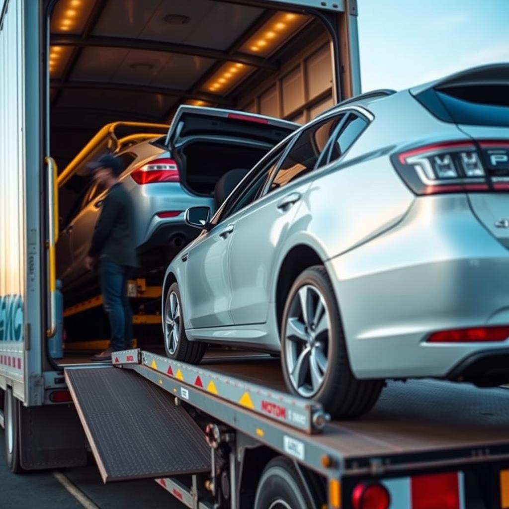 Car being loaded onto a transport truck