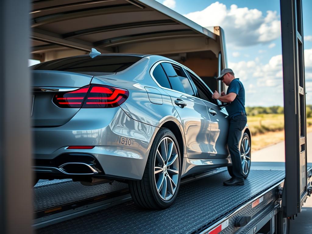 Car being loaded onto an auto transport carrier in Texas