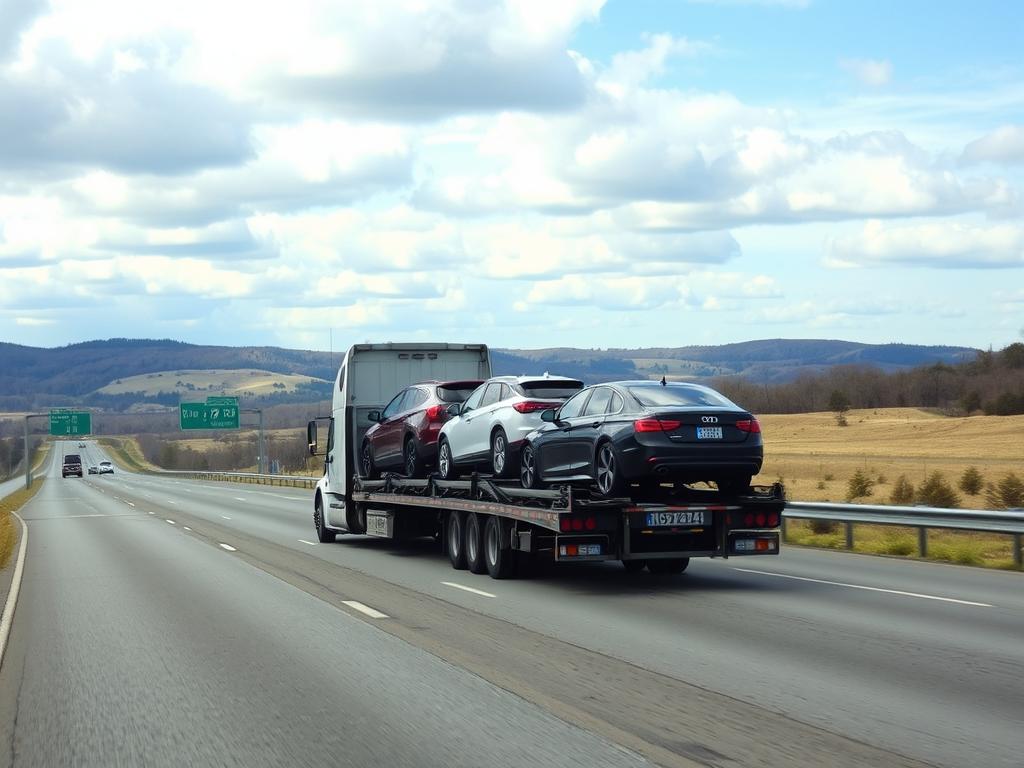 Car carrier navigating Missouri's interstate highway system Car carrier navigating Missouri's interstate highway system