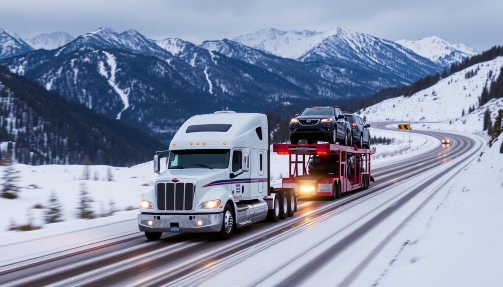 Car carrier navigating Montana's mountainous terrain in challenging weather Car carrier navigating Montana's mountainous terrain in challenging weather
