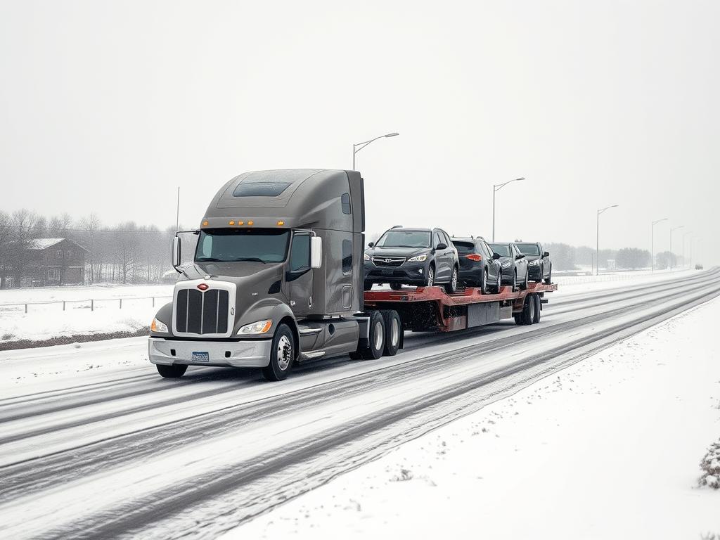 Car carrier navigating through Kansas winter conditions with snow-covered roads Car carrier navigating through Kansas winter conditions with snow-covered roads