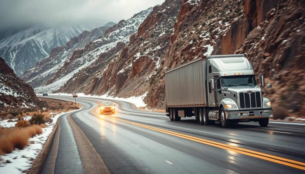 Car carrier navigating through Nevada's challenging terrain during car shipping Car carrier navigating through Nevada's challenging terrain during car shipping