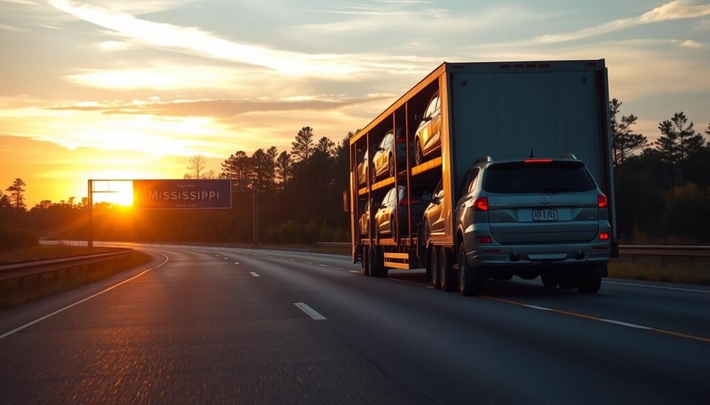 Car carrier truck on Mississippi highway with state welcome sign Car carrier truck on Mississippi highway with state welcome sign