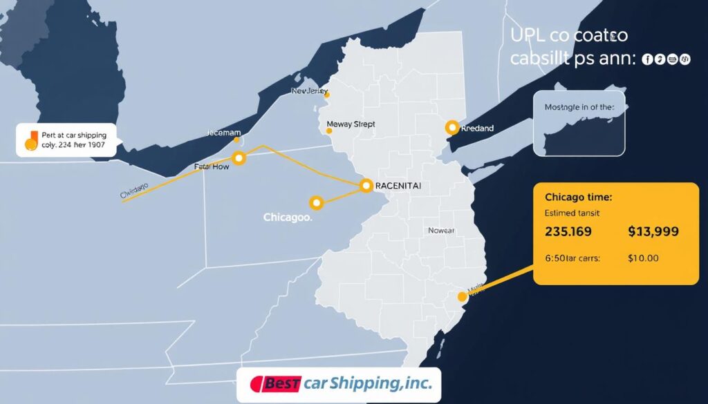 Car shipping route from New Jersey to Chicago with map visualization Car shipping route from New Jersey to Chicago with map visualization