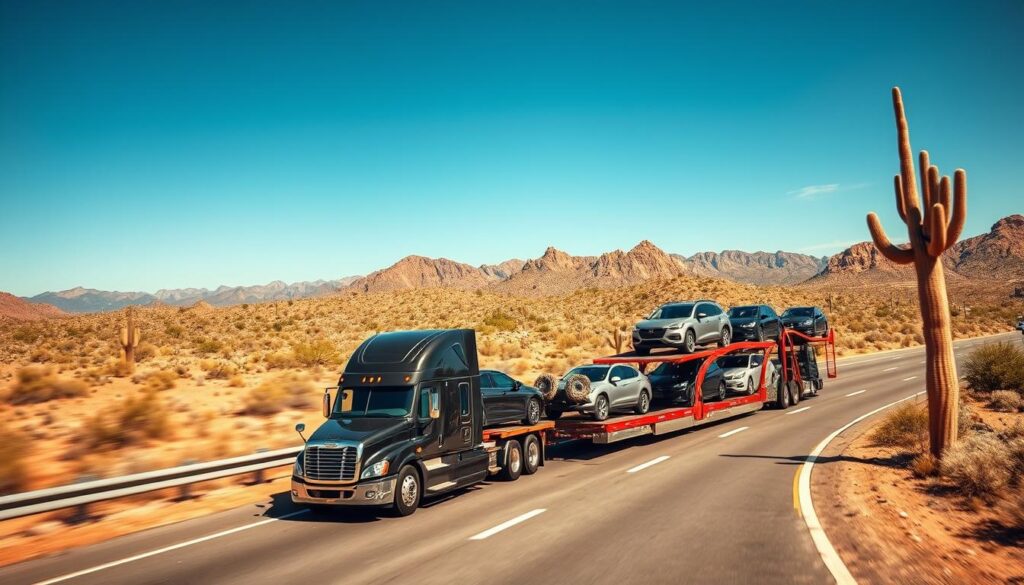 Car shipping truck driving on a Phoenix highway with desert landscape and mountains in background Car shipping truck driving on a Phoenix highway with desert landscape and mountains in background