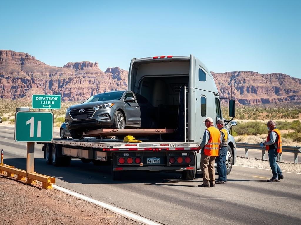 Car transport truck being inspected at Arizona weigh station Car transport truck being inspected at Arizona weigh station