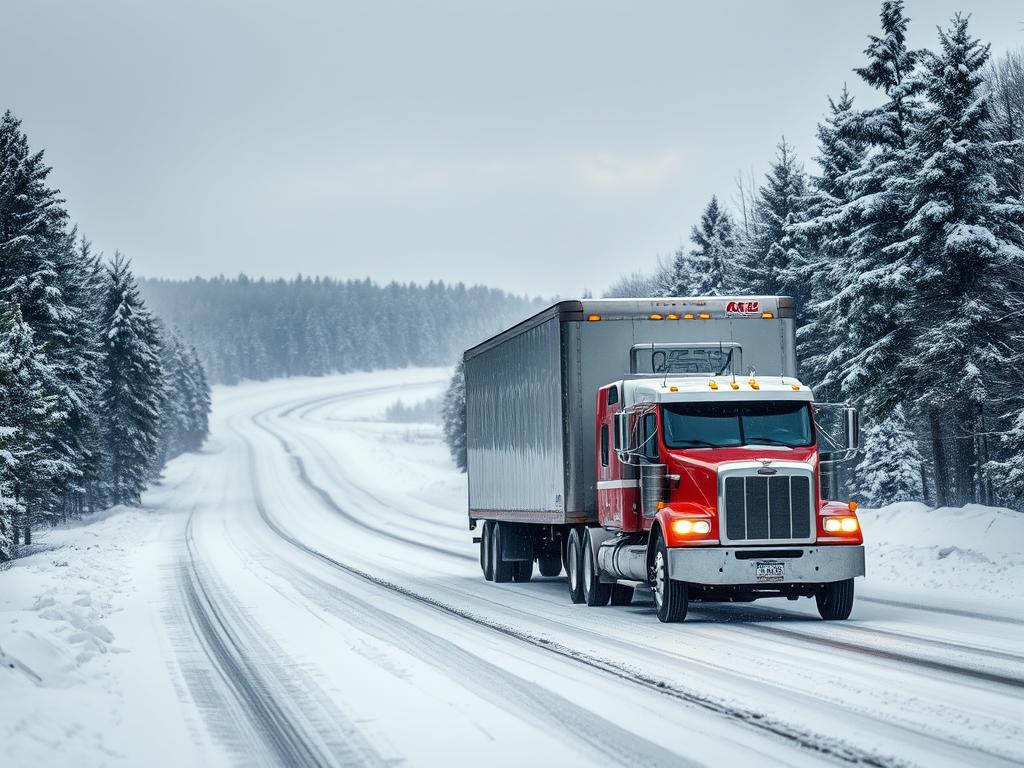 Car transport truck navigating snowy Michigan winter roads Car transport truck navigating snowy Michigan winter roads
