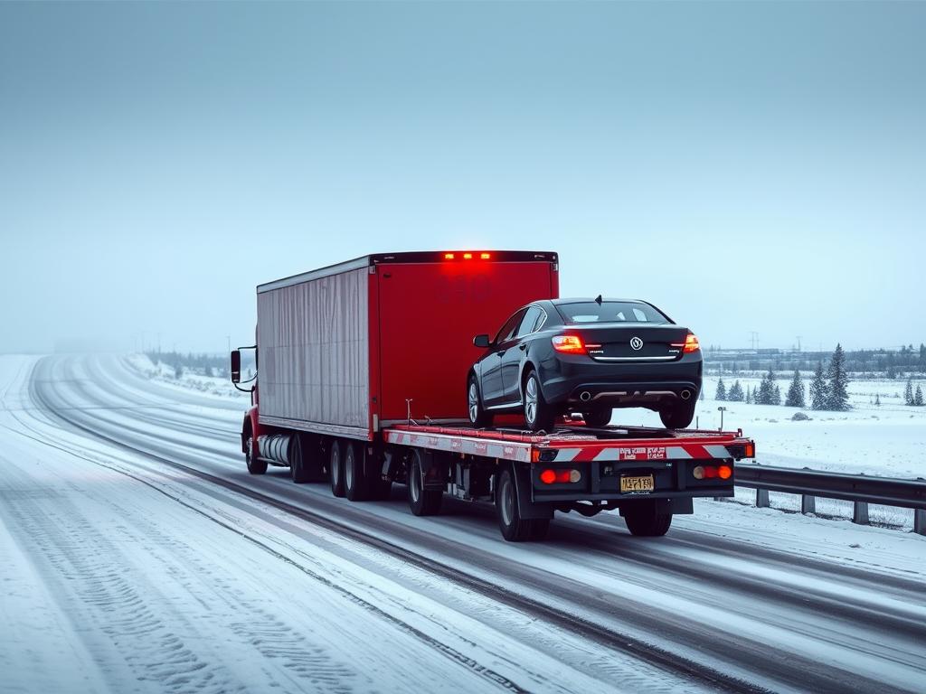 Car transport truck navigating snowy South Dakota winter conditions