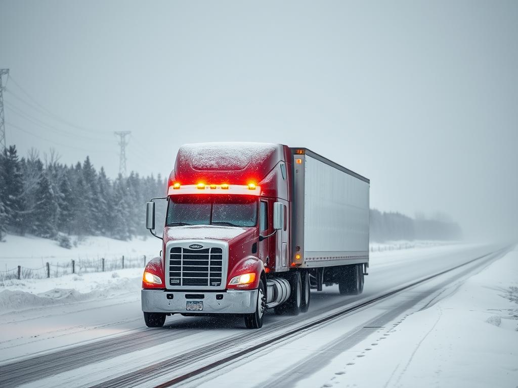 Car transport truck navigating through North Dakota winter snow conditions Car transport truck navigating through North Dakota winter snow conditions