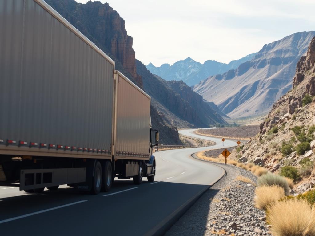 Car transport truck navigating through challenging New Mexico mountain roads Car transport truck navigating through challenging New Mexico mountain roads