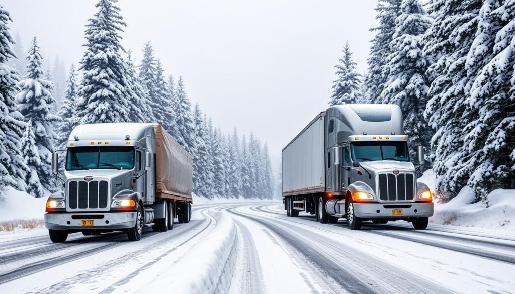 Car transport truck navigating through snowy Idaho mountain pass Car transport truck navigating through snowy Idaho mountain pass