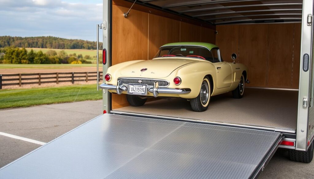 Classic car being loaded into enclosed transport trailer in Ohio Classic car being loaded into enclosed transport trailer in Ohio