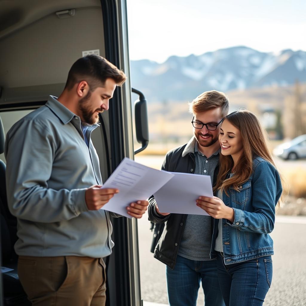 Customer from Bozeman, Montana reviewing car shipping paperwork Customer from Bozeman, Montana reviewing car shipping paperwork