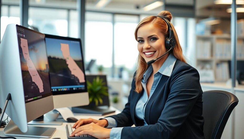 Customer service representative answering questions about California car shipping services Customer service representative answering questions about California car shipping services