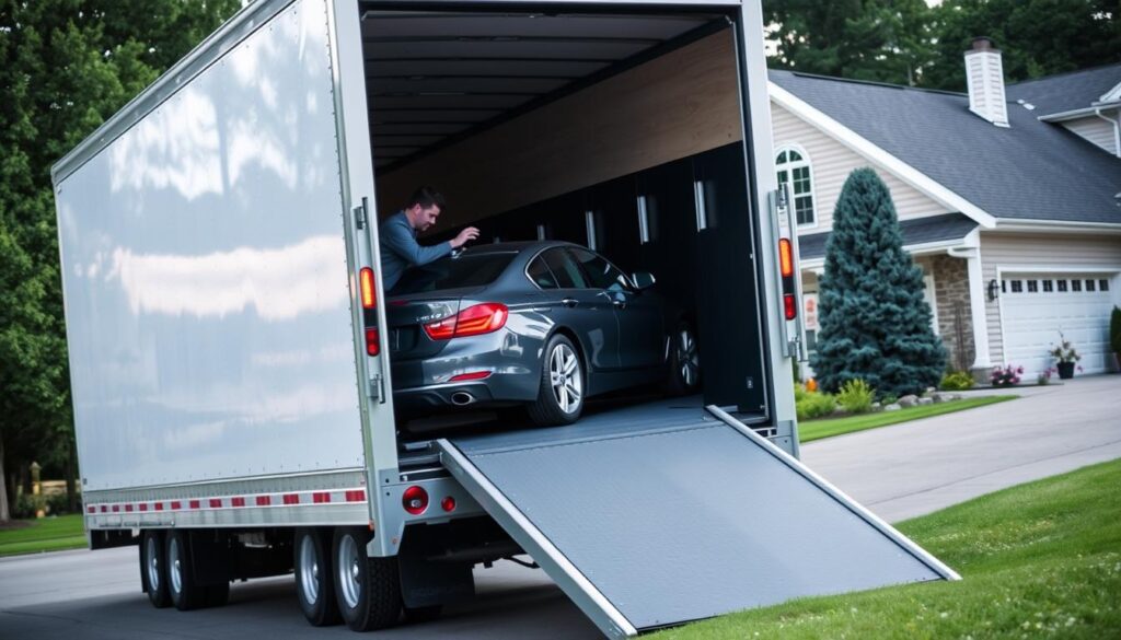 Door-to-door car delivery in a Michigan residential area Door-to-door car delivery in a Michigan residential area