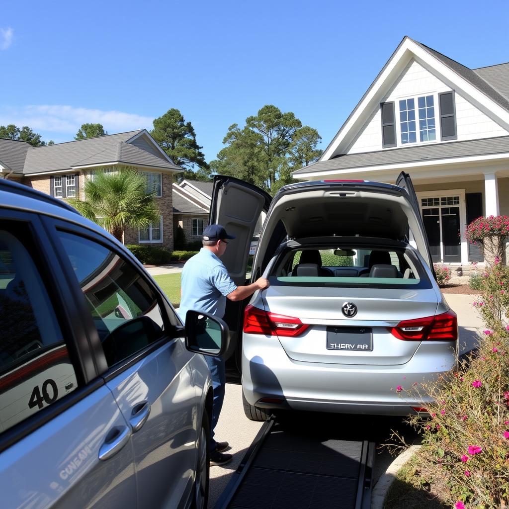 Door-to-door car delivery in a South Carolina residential neighborhood Door-to-door car delivery in a South Carolina residential neighborhood