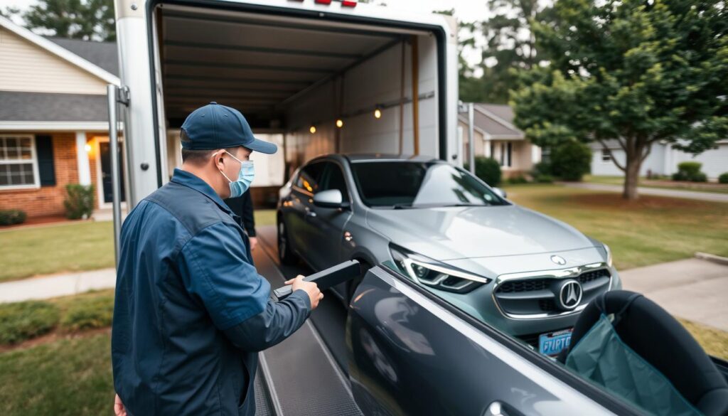 Door-to-door vehicle delivery service in residential North Carolina neighborhood Door-to-door vehicle delivery service in residential North Carolina neighborhood