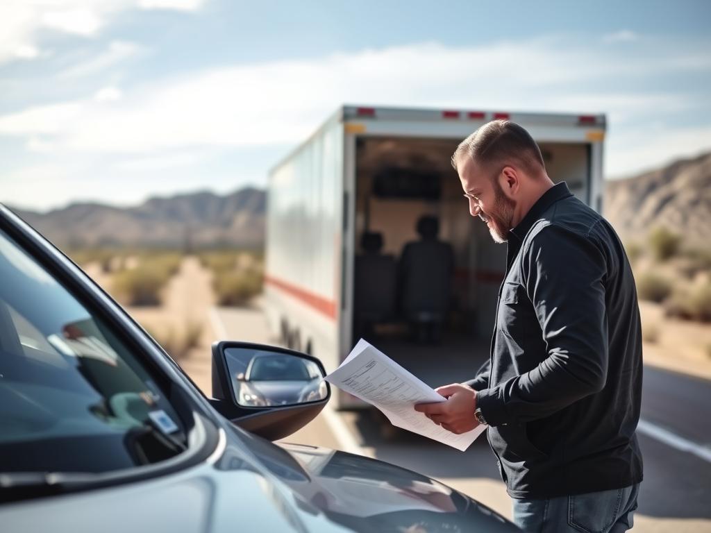 Driver and customer inspecting vehicle condition at delivery Driver and customer inspecting vehicle condition at delivery