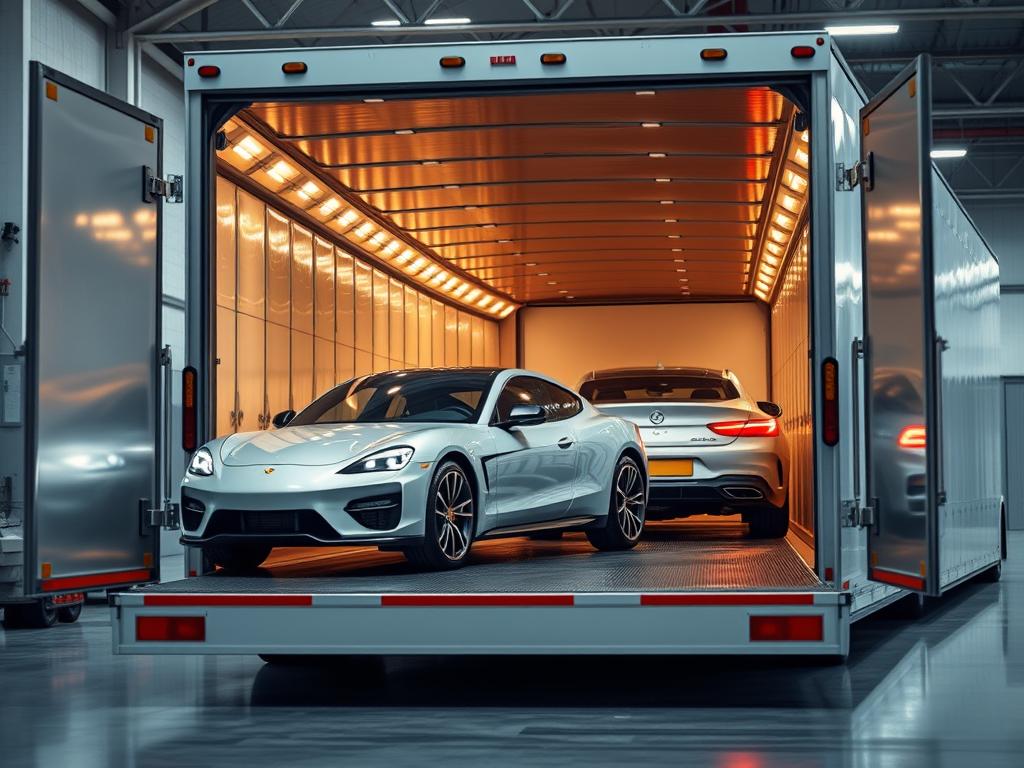 Enclosed auto transport trailer protecting luxury vehicles