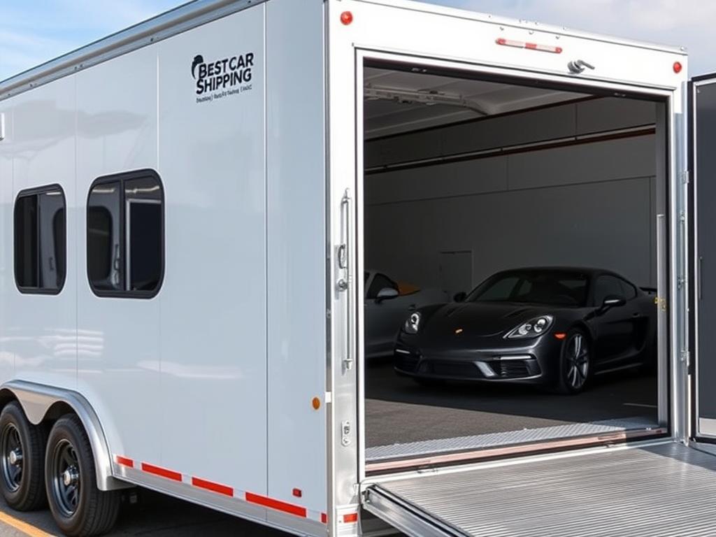Enclosed car carrier from Best Car Shipping Inc protecting luxury vehicles Enclosed car carrier from Best Car Shipping Inc protecting luxury vehicles